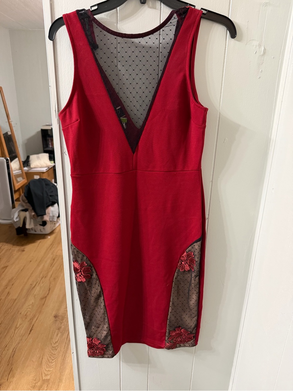 Red Sleeveless V-Neck Embroidered Mesh Panel Dress